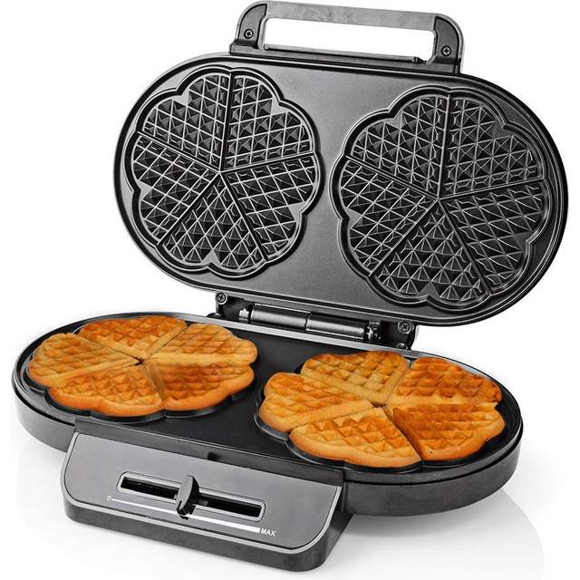 Ex-Pro Waffle Maker Iron, Double Heart Shape Waffle Machine with Non Stick Plates & Adjustable Temperature Control, 1200W - Black/Silver