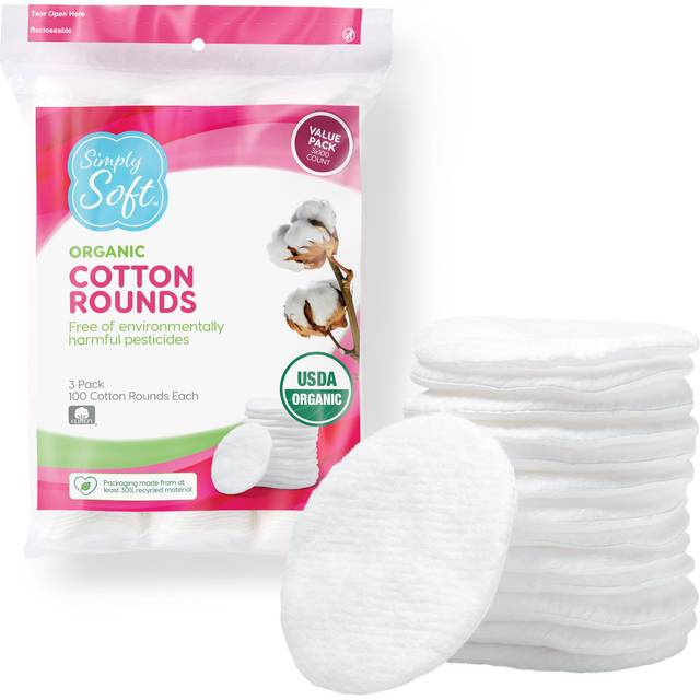 Simply Soft Premium Organic Cotton Rounds  100 Count (Pack of 3)  Soft  100% Cotton Pads  Certified Organic  Hypoallergenic  Soft & Absorbent for Beau