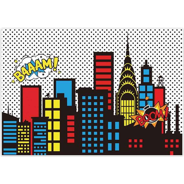 Allenjoy Superhero Themed Backdrops Super City Skyline Buildings Children Birthday Supplies Favors Decorations Photography Party