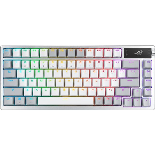 ASUS ROG Azoth White - Mekaniskt speltangentbord med trippellägesanslutning, OLED-skärm, tätningsmontering, smorda ROG NX Red tangentbordsstabilisatorer och stabilisatorer, Hot-Swap, AZERTY