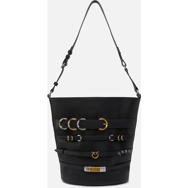 Pinko, Grand sac seau en cuir à lanières, Noir limousine, U