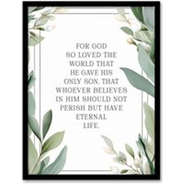 Wall Art Print John 3:16 God So Loved the World Quote Bible Verse Green Framed Art - A4