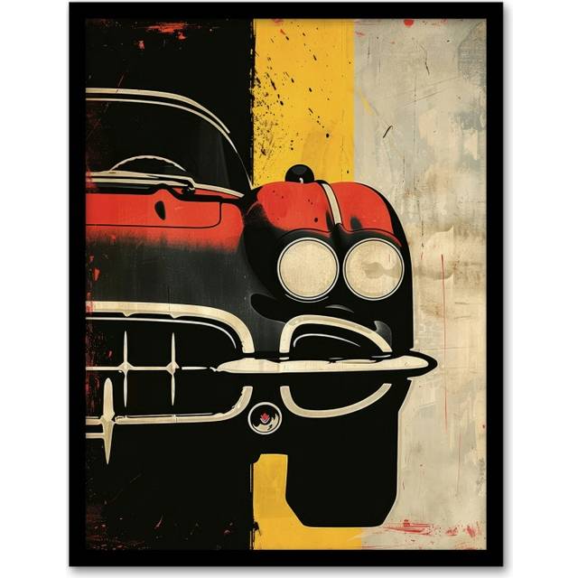Wall Art Print Sports Car Front View Headlights Bumper Grunge Art Framed Poster - Black - A4