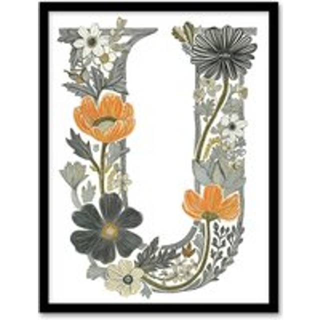 Womens Wall Art Print Letter U in Wildflowers Line Drawing Red Delicate Floral Word Art Framed - Multi - A4