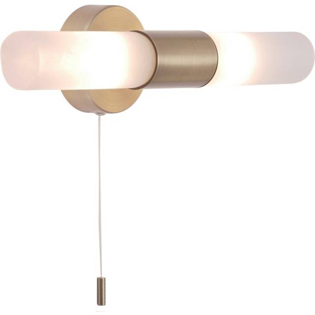 Modern brass ip44 rated bathroom wall light fitting with tubular glass shades...
