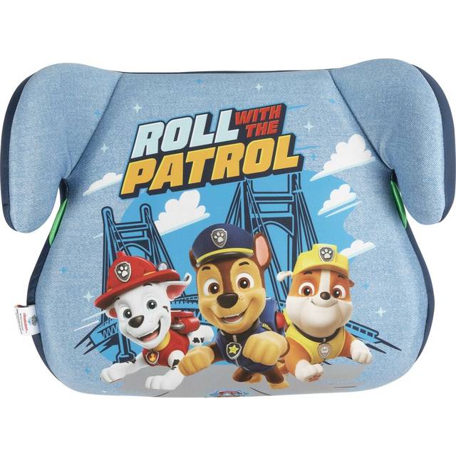 Paw Patrol barnsäkerhetsbilstol med höjd från 125 till 150 cm med grafik av de söta små hundarna Chase, Rubble och Marshall på en blå bakgrund, bilbacksplash, hiss, barnstol