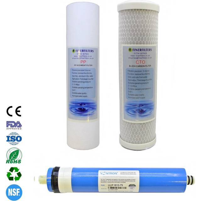 "3 Stage Aquarium Reverse Osmosis 10"" Drop In Replacement Water Filter Pack (PP & CTO) and 75 GPD Membrane by Finerfilters"