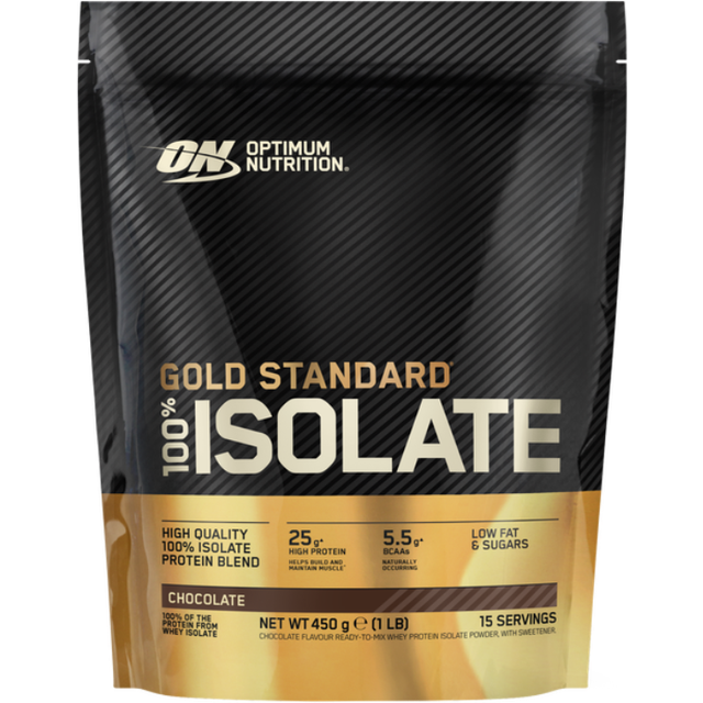 Optimum Nutrition Gold Standard 100% Isolat för Muskelstöd och Reparation, Högt Vassleproteinpulver med BCAA Aminosyror, Lågt Socker, Lågt Fett Sports Nutrition, Chokladsmak, 15 Portioner, 450g