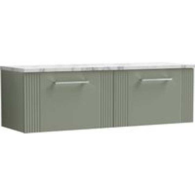 Retro 2 Drawer Wall Hung Vanity Unit with Carrera Marble Laminate Worktop - 1200mm - Satin Green - Balterley