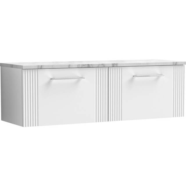 Retro 2 Drawer Wall Hung Vanity Unit with Carrera Marble Laminate Worktop - 1200mm - Satin White - Balterley
