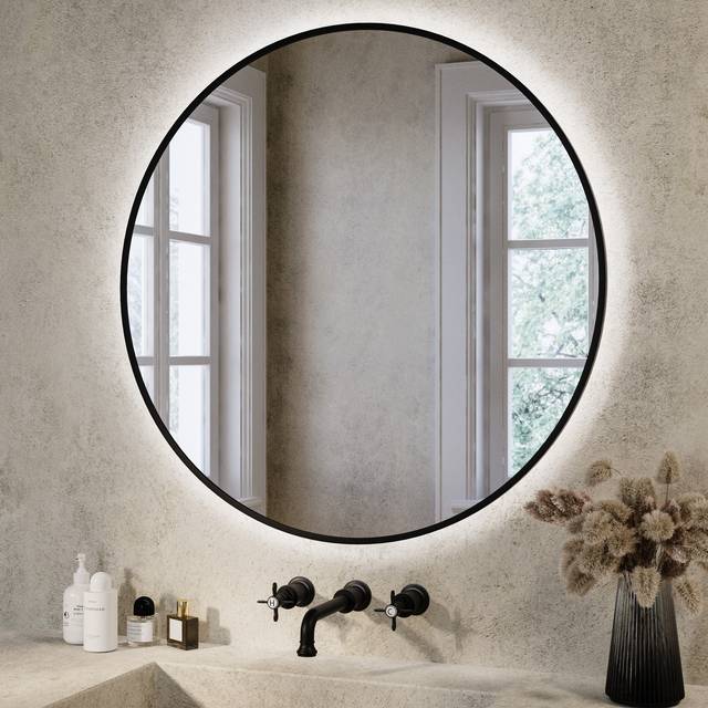 Round Black Backlit Heated Bathroom Mirror with Lights 800mm Orion