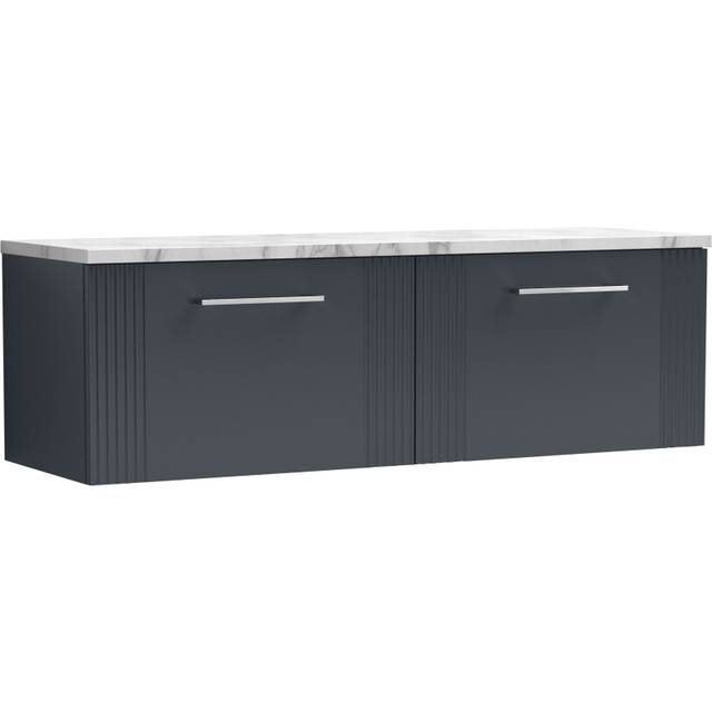Retro 2 Drawer Wall Hung Vanity Unit with Carrera Marble Laminate Worktop - 1200mm - Satin Soft Black - Balterley