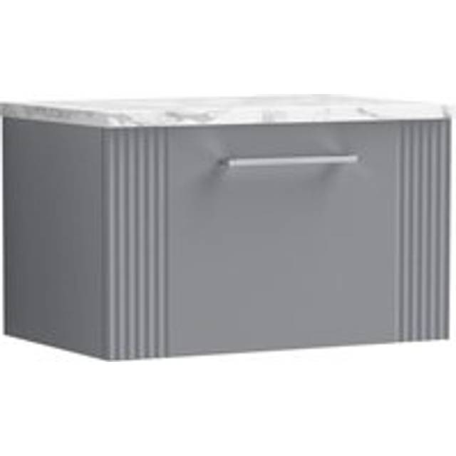 Retro 1 Drawer Wall Hung Vanity Unit with Carrera Marble Laminate Worktop - 600mm - Satin Grey - Balterley