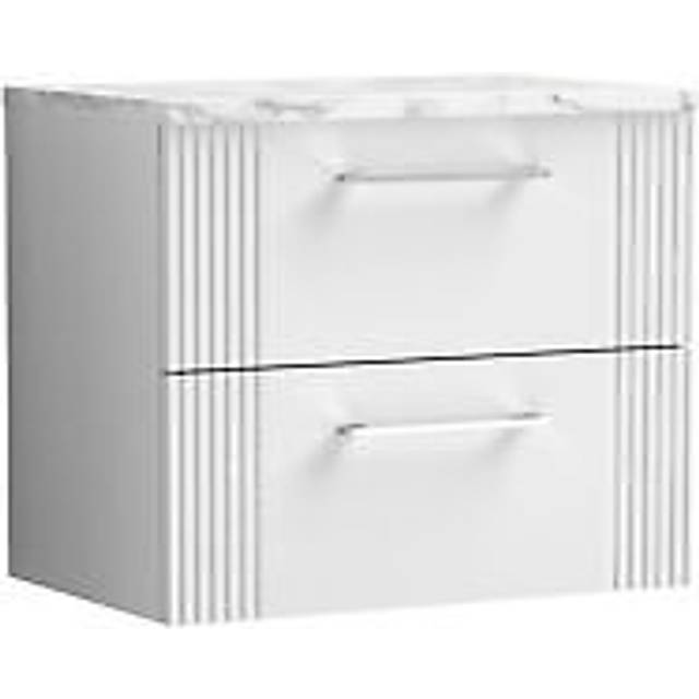 Retro 2 Drawer Wall Hung Vanity Unit with Carrera Marble Laminate Worktop - 600mm - Satin White - Balterley