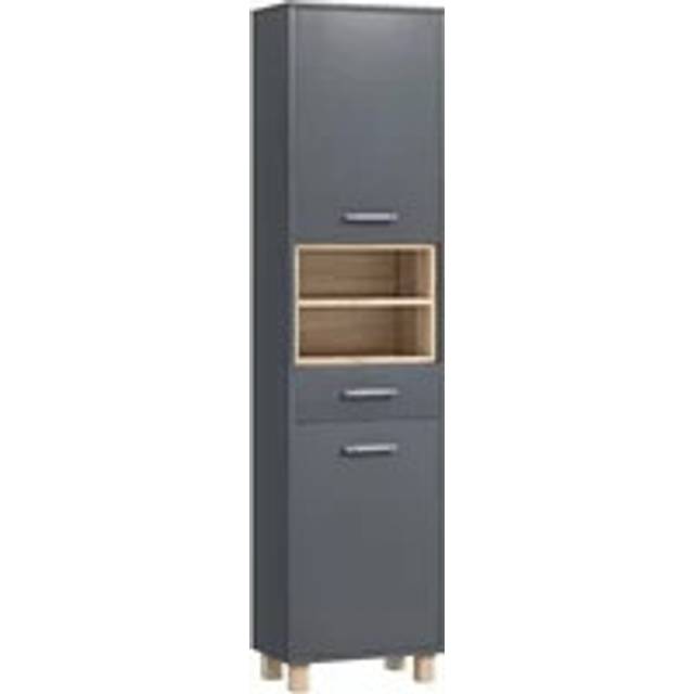 Grey mdf bathroom storage unit 160h x 40w x 24dcm with open shelves & drawer