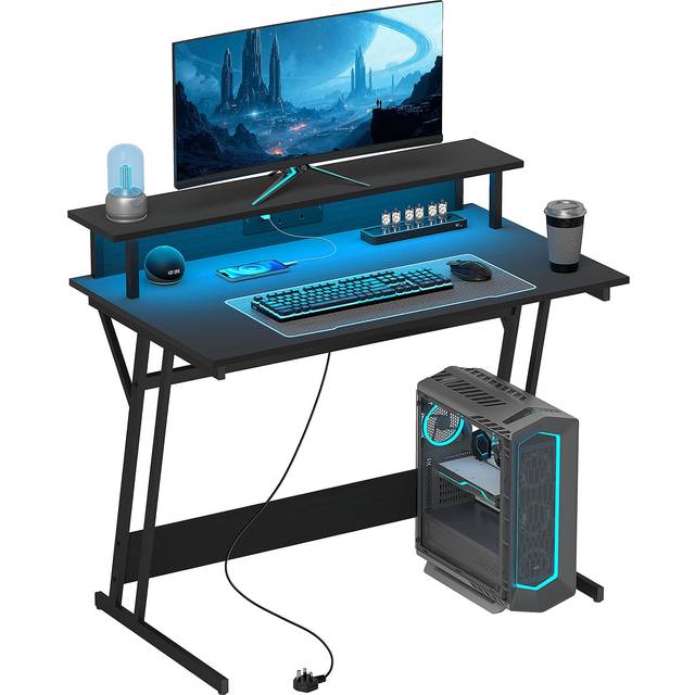 HOMCOM LED Gaming Desk with Power Outlets and Monitor Stand 100 x 60cm Black