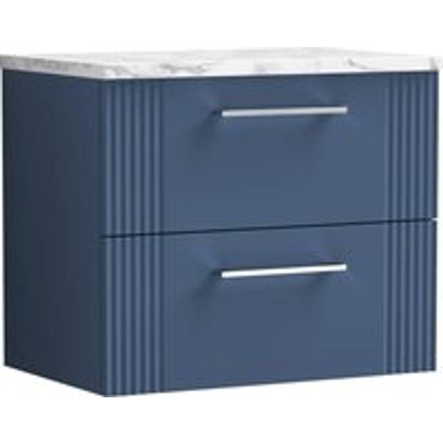 Retro 2 drawer wall hung vanity unit with carrera marble laminate worktop - 600m