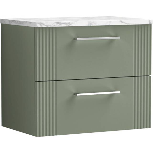 Retro 2 Drawer Wall Hung Vanity Unit with Carrera Marble Laminate Worktop - 600mm - Satin Green - Balterley