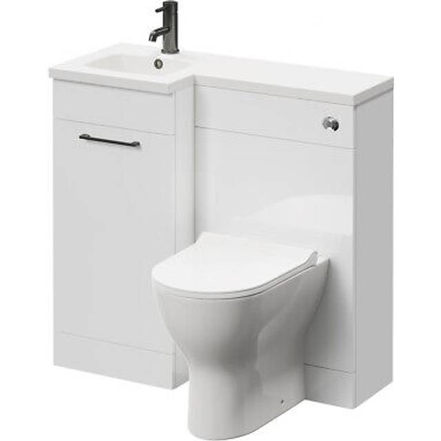 Napoli Combination Vanity Unit Toilet Suite with Left Hand L Shaped 1 Tap Hole Round Basin and Single Door with Gunmetal Grey Handle | Gloss White | Plastic | 900mm