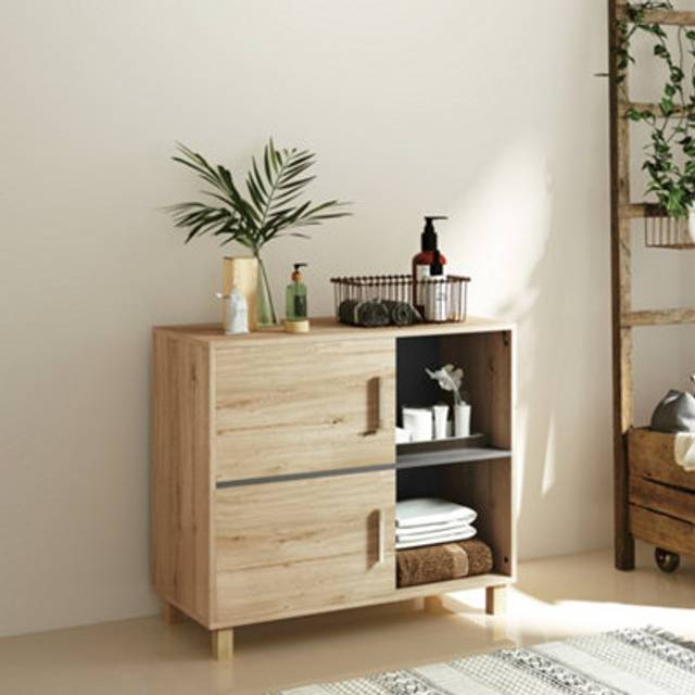 HOMCOM Bathroom Storage Cabinet w/ Open Compartments and Double Doors, Brown
