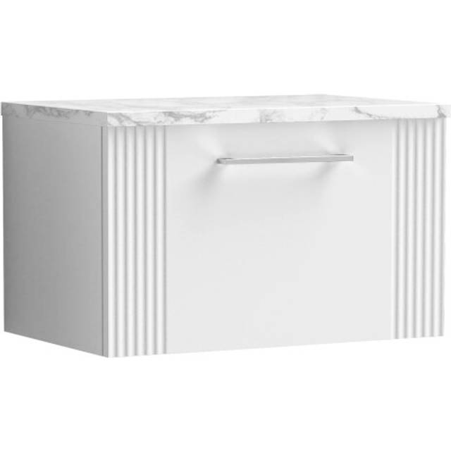 Retro 1 Drawer Wall Hung Vanity Unit with Carrera Marble Laminate Worktop - 600mm - Satin White - Balterley