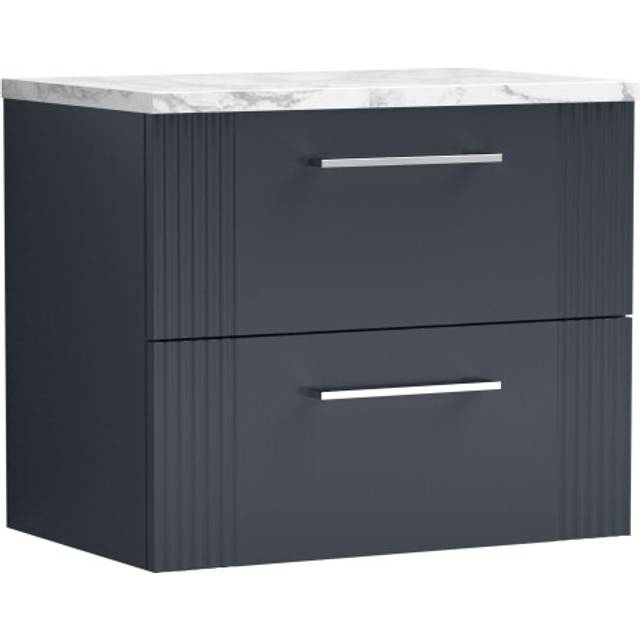 Retro 2 Drawer Wall Hung Vanity Unit with Carrera Marble Laminate Worktop - 600mm - Satin Soft Black - Balterley
