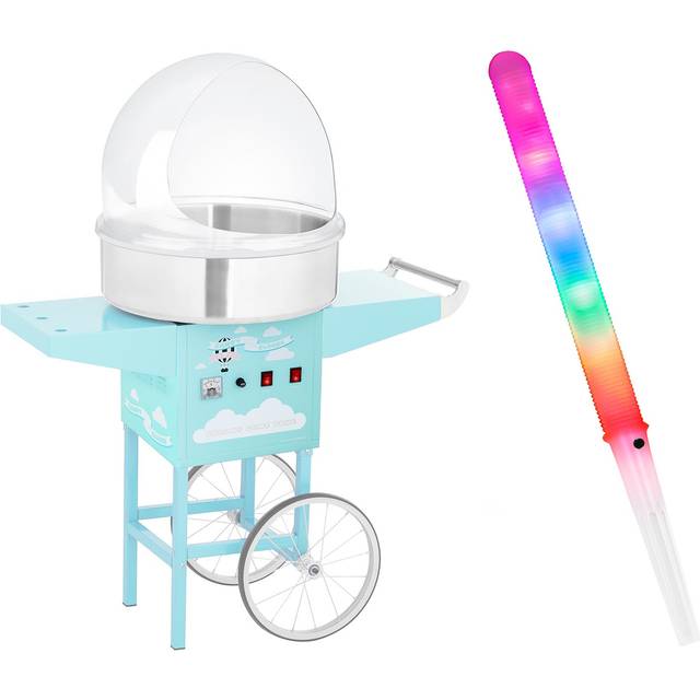 Royal Catering Candy Floss Machine Set with LED Cotton Candy Sticks - sneeze guard - cart - 52 cm - 1,200 watts - turquoise RCZC-1200-BG SET2