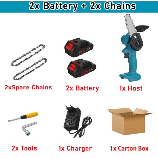 (B2xBattery-2x Chain) Gisam Cordless Electric Chainsaw 4 Inch Mini Pruning Chainsaw Garden Rechargeable Woodworking Garden Tool for Makita 18V Battery
