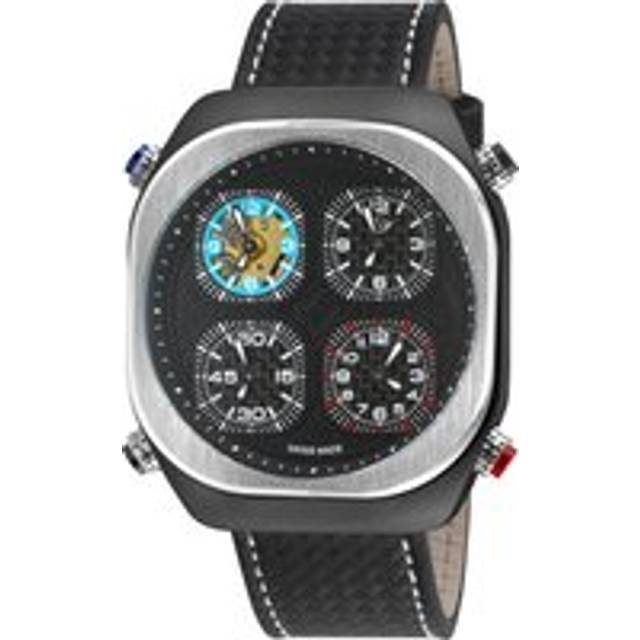 GV2 Men's Quattro Zone, IPBK Case, Black dial, 4 time zone, sub dial, Black w/Red Stitching Handmade Italian Leather Strap - One Size