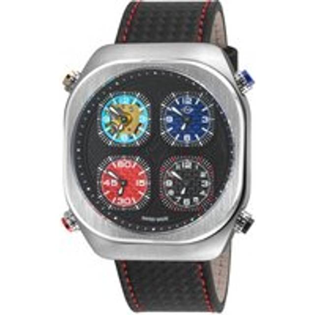 GV2 Men's Quattro Zone, SS Case, Black dial, 4 time zone, sub dial, Black w/Blue & Red Stitching Handmade Italian Leather Strap - One Size