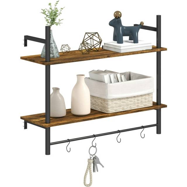 HOMCOM Wall Shelf Unit with 4 Hooks for Living Room - Entryway - Rustic Brown | TJ Hughes Grey