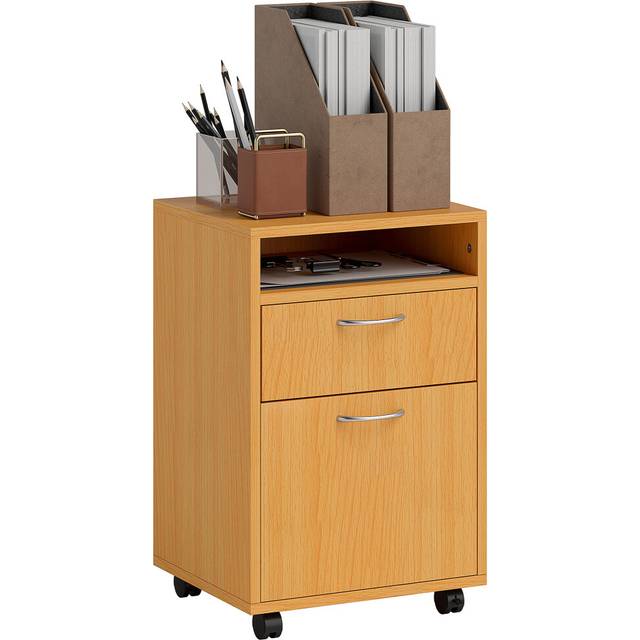 Homcom 60Cm Filing Cabinet With Drawers And Open Shelf, Natural, Brown