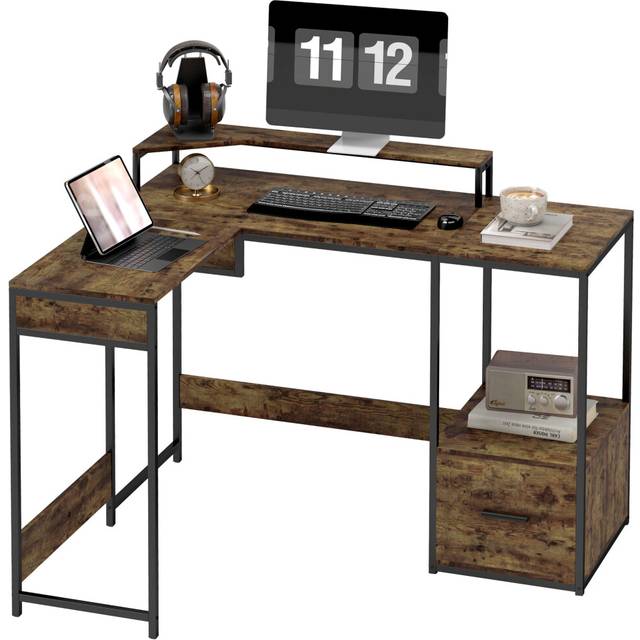 HOMCOM L Shaped Desk, Computer Table with Liftable Desktop, Rustic Brown
