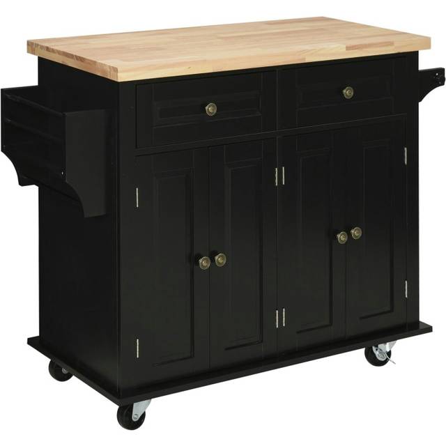 HOMCOM Rolling Kitchen Island Cart with Rubber Wood Top, Spices Black, Black