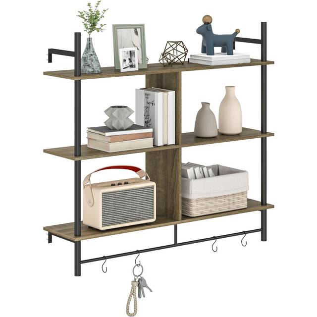 HOMCOM Wall Shelf Unit with 4 Hooks for Living Room Grey Wood Effect