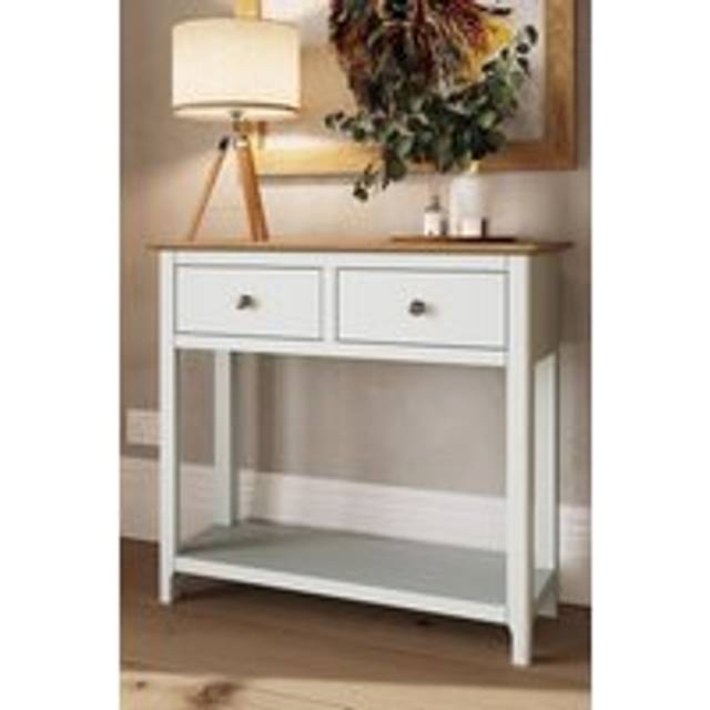 Solid Oak 2 Drawer Console Table Linen White Large Oak Top Painted Finish