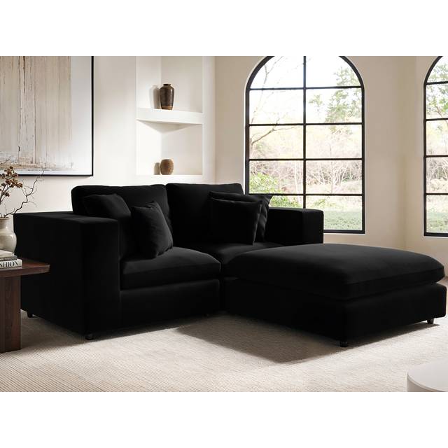 Solace+Co Solace+co Asher 3 Seater Velvet Sofa With Footstool - Black, Black