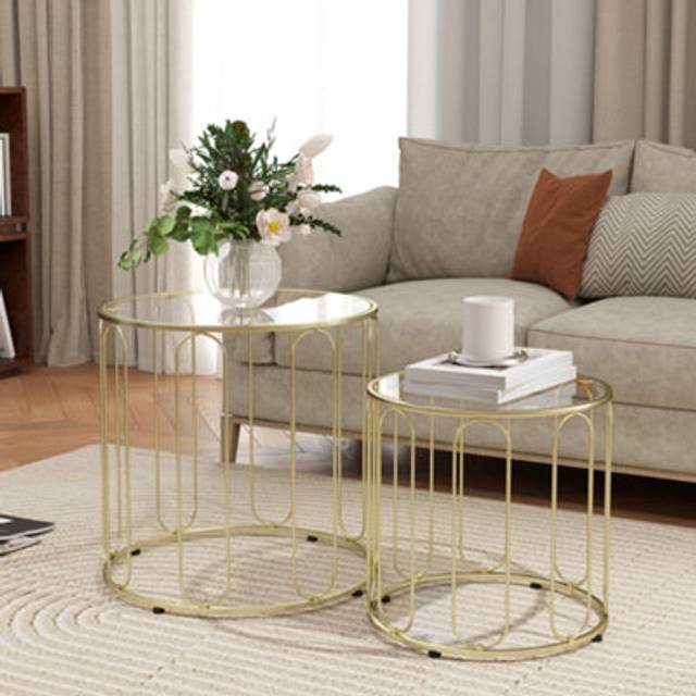 HOMCOM Coffee Table Set Of 2 - Nest Of Tables With Metal Frame - Gold Tone | TJ Hughes