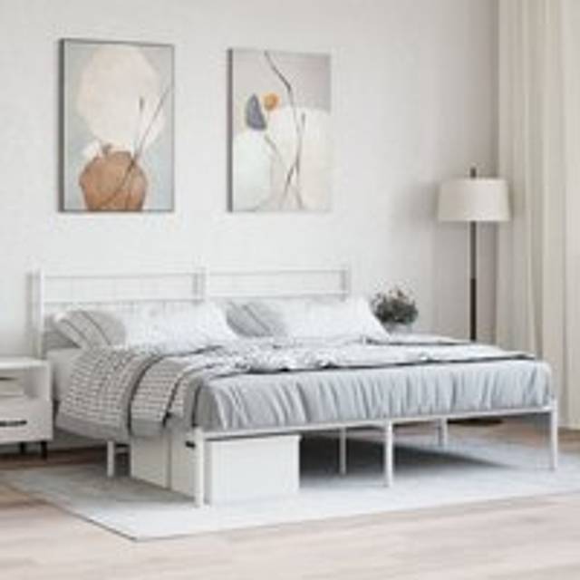 Metal Bed Frame with Headboard White 180x200 cm Super King
