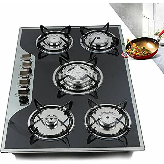 Gas Hobs 5 Burners Adjustable Stove LPG/NG convertible Built-in Gas Cooktop Tempered Glass Gas Stainless Steel Water Tray With Propane Conversion Kit