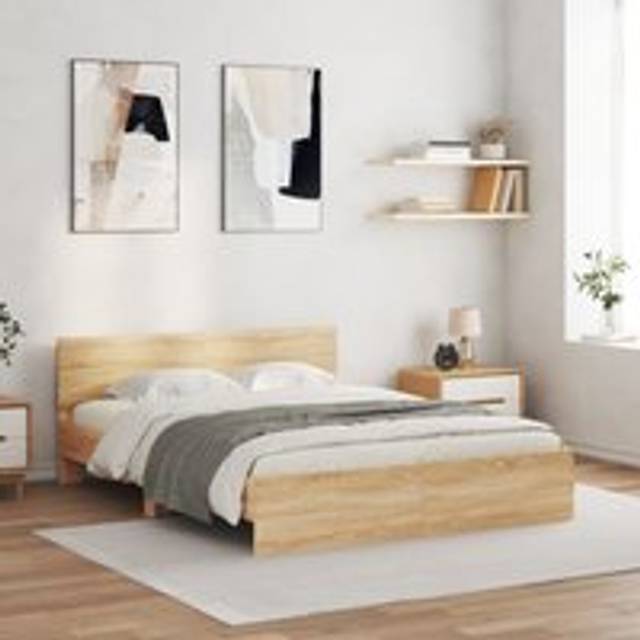 Bed Frame with LED without Mattress Sonoma Oak 150x200 cm King Size - Brown - One Size
