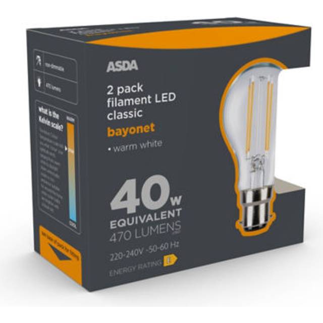 ASDA LED Filament Classic 40W Large Bayonet Clear Lightbulb