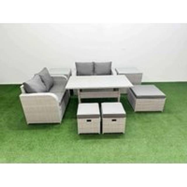 Fimous 7 Seater Outdoor Love Sofa Set Rattan Garden Furniture Set with Rectangular Dining Table 3 Footstool 2 Side Tables Light Grey