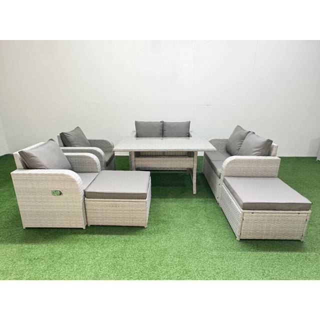 Fimous Fimous 8 Seater Outdoor Reclining Chair Love Sofa Set Rattan Garden Furniture Set With Rectangular Dining Table 2 Big FootStools Light Grey