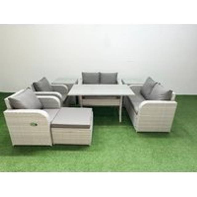 Fimous 7 Seater Outdoor Reclining Chair Love Sofa Set Rattan Garden Furniture Set withFootstool 2 Side Tables Light Grey