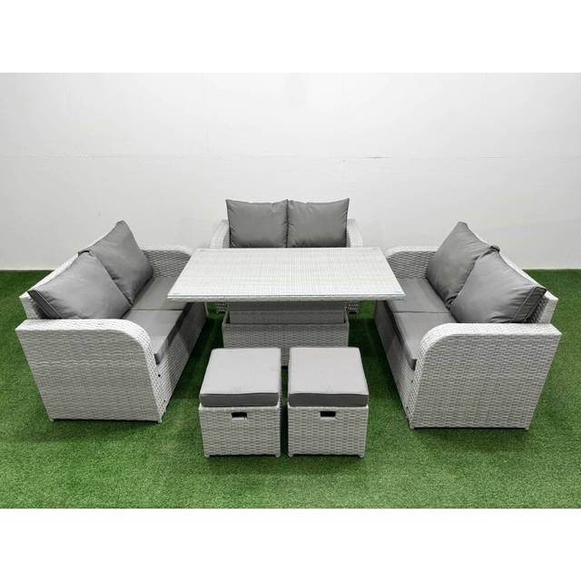 8-Seater Rattan Garden Set With Adjustable Table & Stools | Wowcher - Grey