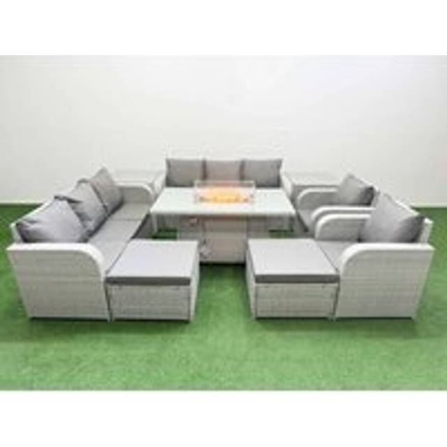 2 3-Seater Sofa With Firepit Dining Table, 2 Reclining Chair, 2 Stools & 2 Side Table | Wowcher - Grey