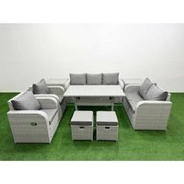 Fimous PE Rattan Garden Furniture Set Reclining Chair Sofa Double Love Seat 2 Seater Sofa Lounge Set 2 Stools 2 Side Table Light Grey