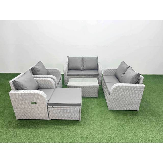 7 Seater Outdoor Reclining Chair Love Sofa Set Rattan Garden Furniture Set with Rectangular Coffee Table Footstool Light Grey - Fimous