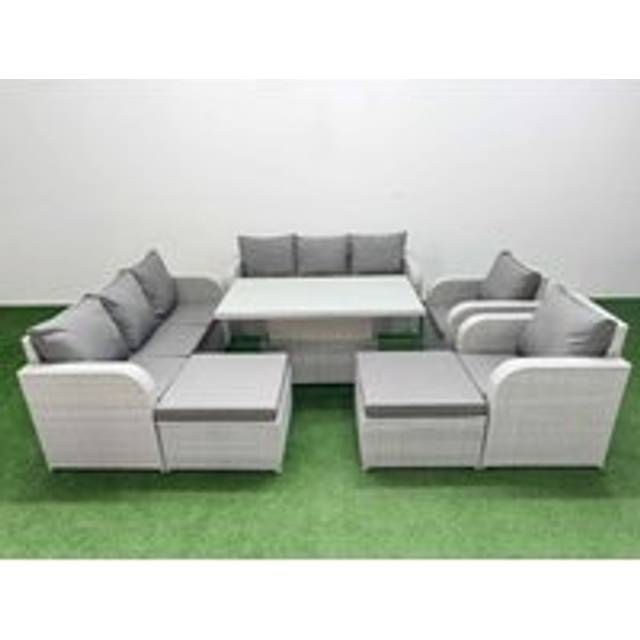 Pe Rattan High Back Lounge Sofa Set Patio Adjustable Lifting Dining or Coffee Table & Chairs Set with 3 Seater Sofa Reclining Chair 2 Big Footstool